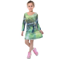 Digitally Painted Abstract Style Watercolour Painting Of A Peacock Kids  Long Sleeve Velvet Dress by Simbadda
