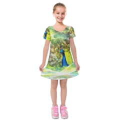 Peacock Digital Painting Kids  Short Sleeve Velvet Dress by Simbadda