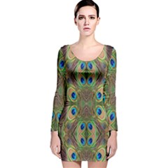 Beautiful Peacock Feathers Seamless Abstract Wallpaper Background Long Sleeve Velvet Bodycon Dress by Simbadda