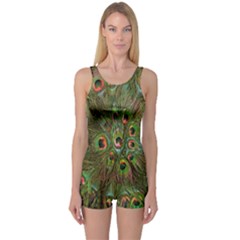 Peacock Feathers Green Background One Piece Boyleg Swimsuit by Simbadda