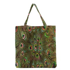 Peacock Feathers Green Background Grocery Tote Bag by Simbadda