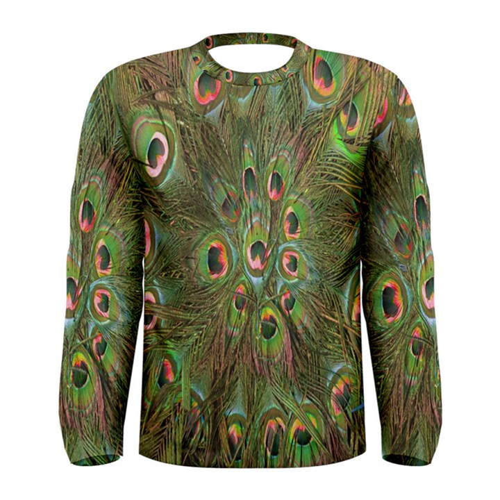 Peacock Feathers Green Background Men s Long Sleeve Tee