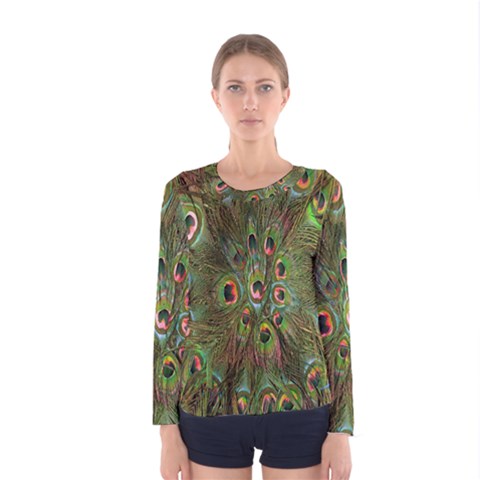 Peacock Feathers Green Background Women s Long Sleeve Tee by Simbadda