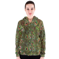 Peacock Feathers Green Background Women s Zipper Hoodie by Simbadda