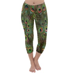 Peacock Feathers Green Background Capri Winter Leggings  by Simbadda