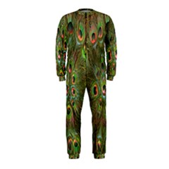 Peacock Feathers Green Background Onepiece Jumpsuit (kids) by Simbadda