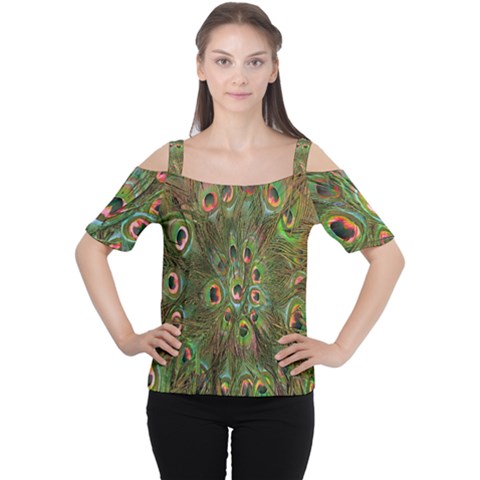 Peacock Feathers Green Background Women s Cutout Shoulder Tee by Simbadda