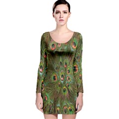 Peacock Feathers Green Background Long Sleeve Velvet Bodycon Dress by Simbadda