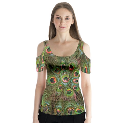 Peacock Feathers Green Background Butterfly Sleeve Cutout Tee  by Simbadda