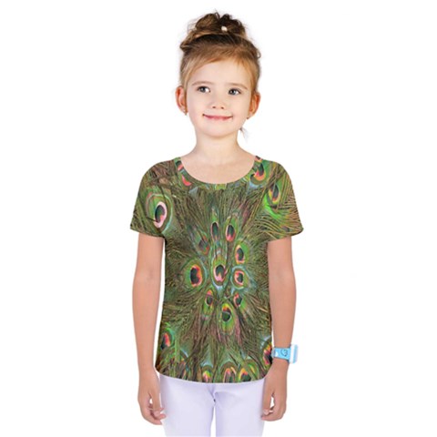 Peacock Feathers Green Background Kids  One Piece Tee by Simbadda