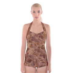 Brown Seamless Animal Fur Pattern Boyleg Halter Swimsuit  by Simbadda