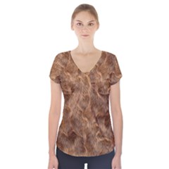 Brown Seamless Animal Fur Pattern Short Sleeve Front Detail Top by Simbadda