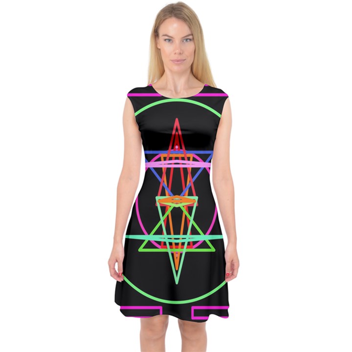 Drawing Of A Color Mandala On Black Capsleeve Midi Dress