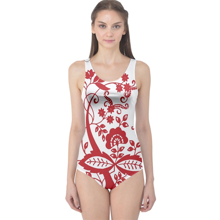 Red Vintage Floral Flowers Decorative Pattern Clipart One Piece Swimsuit
