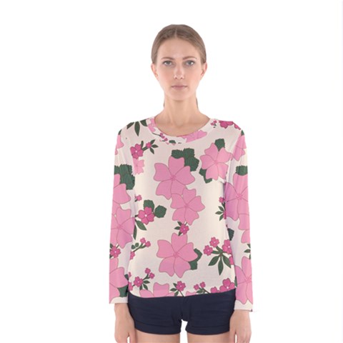 Vintage Floral Wallpaper Background In Shades Of Pink Women s Long Sleeve Tee by Simbadda