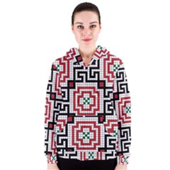 Vintage Style Seamless Black White And Red Tile Pattern Wallpaper Background Women s Zipper Hoodie by Simbadda