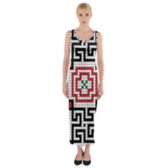 Vintage Style Seamless Black White And Red Tile Pattern Wallpaper Background Fitted Maxi Dress by Simbadda