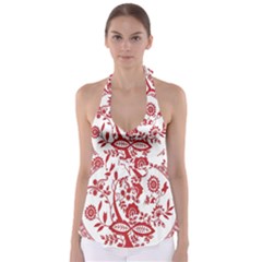 Red Vintage Floral Flowers Decorative Pattern Babydoll Tankini Top by Simbadda