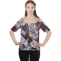 Wooden Hot Ashes Pattern Women s Cutout Shoulder Tee