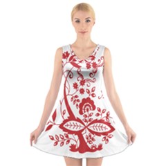 Red Vintage Floral Flowers Decorative Pattern Clipart V-neck Sleeveless Skater Dress by Simbadda
