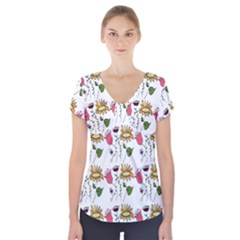 Handmade Pattern With Crazy Flowers Short Sleeve Front Detail Top