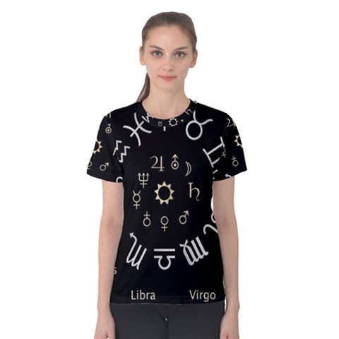 Astrology Chart With Signs And Symbols From The Zodiac Gold Colors Women s Cotton Tee by Amaryn4rt