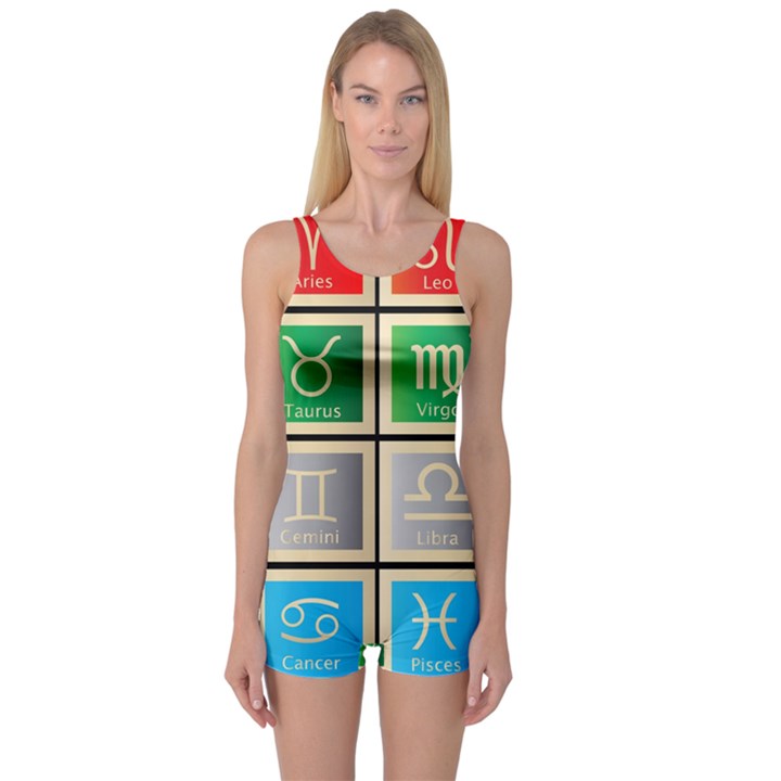 Set Of The Twelve Signs Of The Zodiac Astrology Birth Symbols One Piece Boyleg Swimsuit