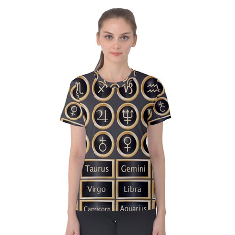 Black And Gold Buttons And Bars Depicting The Signs Of The Astrology Symbols Women s Cotton Tee by Amaryn4rt