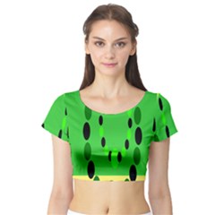 Circular Dot Selections Green Yellow Black Short Sleeve Crop Top (Tight Fit)