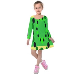 Circular Dot Selections Green Yellow Black Kids  Long Sleeve Velvet Dress