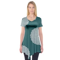 Green Circle Floral Flower Blue White Short Sleeve Tunic  by Alisyart