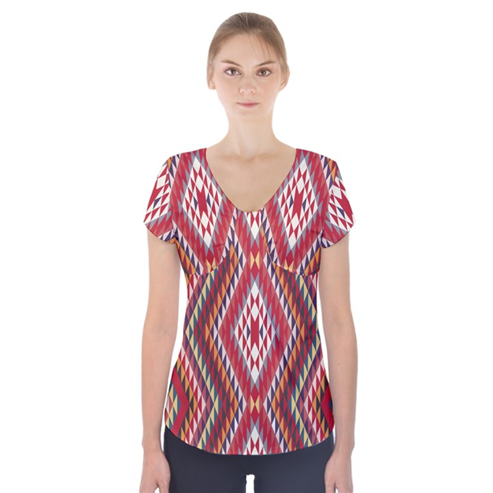 Indian Pattern Sweet Triangle Red Orange Purple Rainbow Short Sleeve Front Detail Top