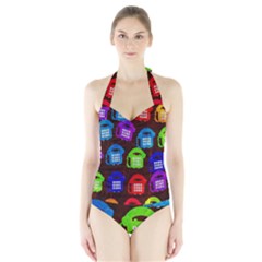 Grunge Telephone Background Pattern Halter Swimsuit