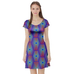 Red Blue Bee Hive Pattern Short Sleeve Skater Dress by Amaryn4rt