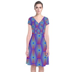 Red Blue Bee Hive Pattern Short Sleeve Front Wrap Dress by Amaryn4rt