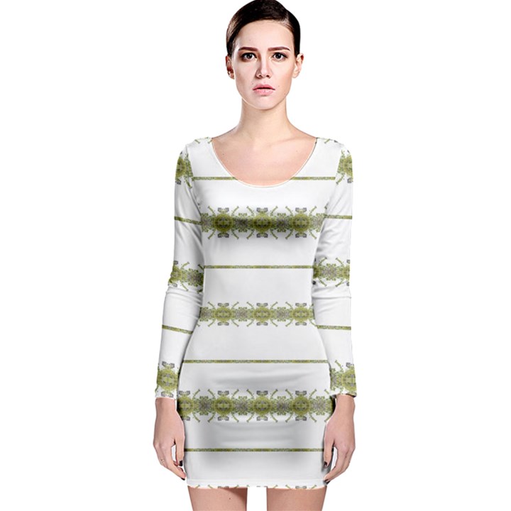 Ethnic Floral Stripes Long Sleeve Bodycon Dress