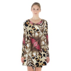 Animal Tissue And Flowers Long Sleeve Velvet V-neck Dress