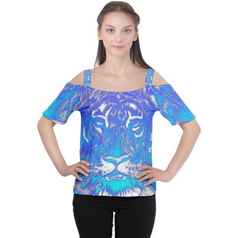 Background Fabric With Tiger Head Pattern Women s Cutout Shoulder Tee by Amaryn4rt