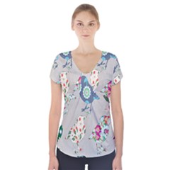 Birds Floral Pattern Wallpaper Short Sleeve Front Detail Top