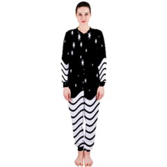 Black And White Waves And Stars Abstract Backdrop Clipart Onepiece Jumpsuit (ladies)  by Amaryn4rt