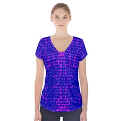 Blue And Pink Pixel Pattern Short Sleeve Front Detail Top by Amaryn4rt