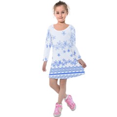 Blue And White Floral Background Kids  Long Sleeve Velvet Dress