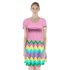 Easter Chevron Pattern Stripes Short Sleeve V-neck Flare Dress by Amaryn4rt
