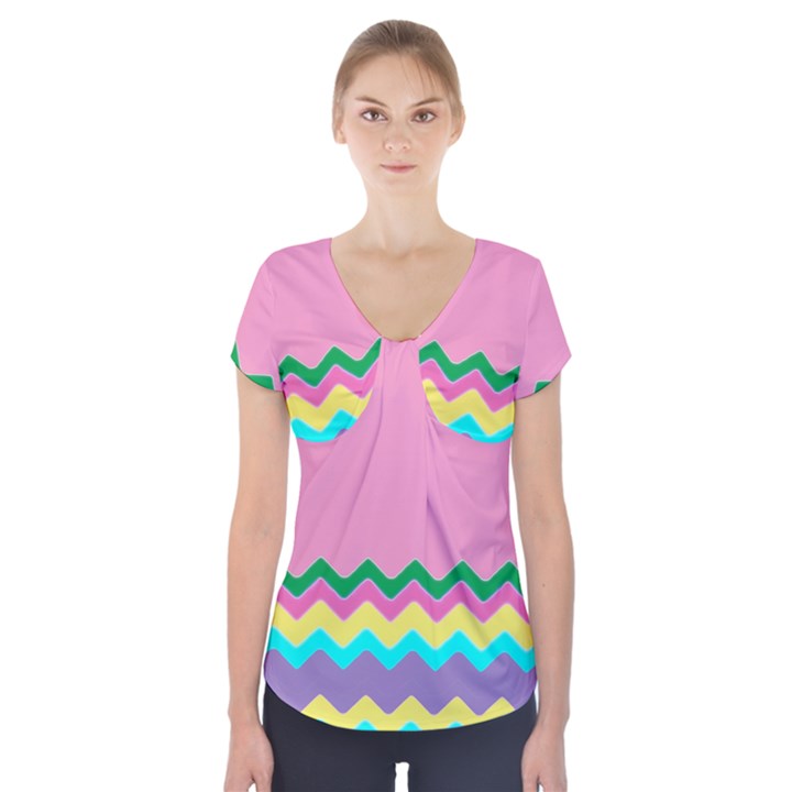 Easter Chevron Pattern Stripes Short Sleeve Front Detail Top