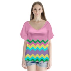 Easter Chevron Pattern Stripes Flutter Sleeve Top