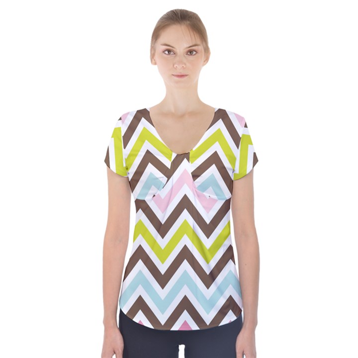 Chevrons Stripes Colors Background Short Sleeve Front Detail Top