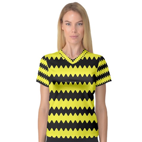 Yellow Black Chevron Wave Women s V-neck Sport Mesh Tee by Amaryn4rt