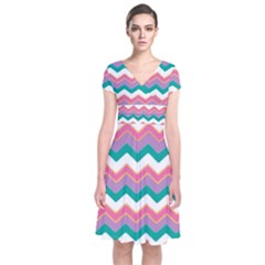 Chevron Pattern Colorful Art Short Sleeve Front Wrap Dress by Amaryn4rt