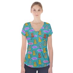 Meow Cat Pattern Short Sleeve Front Detail Top by Amaryn4rt