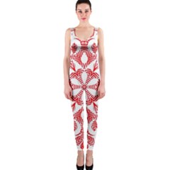 Red Pattern Filigree Snowflake On White Onepiece Catsuit by Amaryn4rt